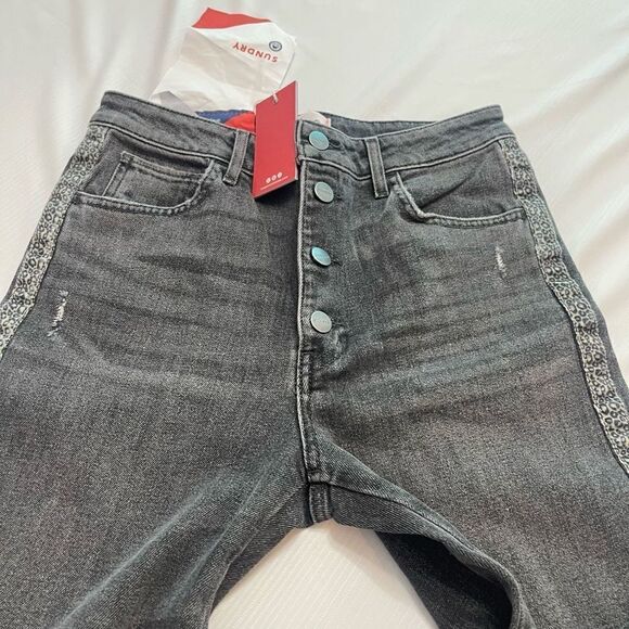 NWT Anthropologie Sundry Leopard Trimmed Ultra High Rise Straight Jeans Size 27 - Picture 4 of 15